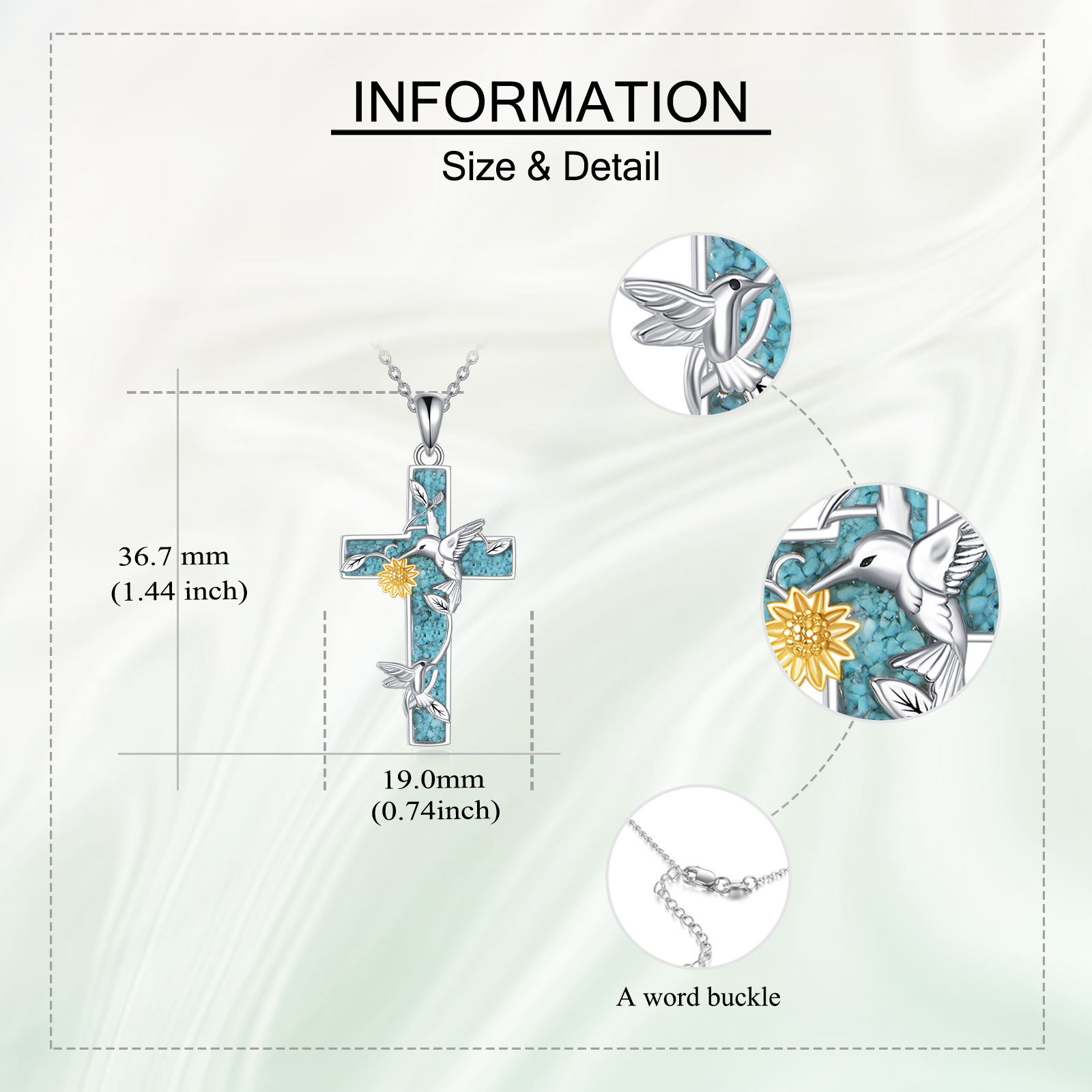 Women's 925 Sterling Silver Hummingbird Cross Pendant Necklace with Turquoise